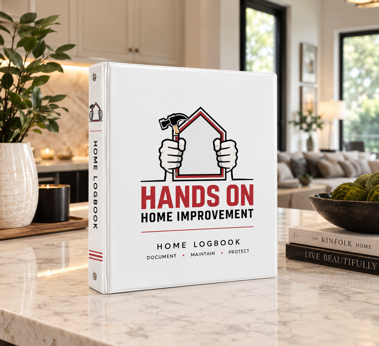 The Hands On Home Logbook binder on a kitchen counter